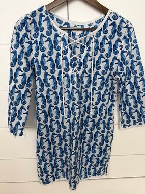 Mud Pie Sea Horse Print Lace-Up Swim Coverup in Blue and White